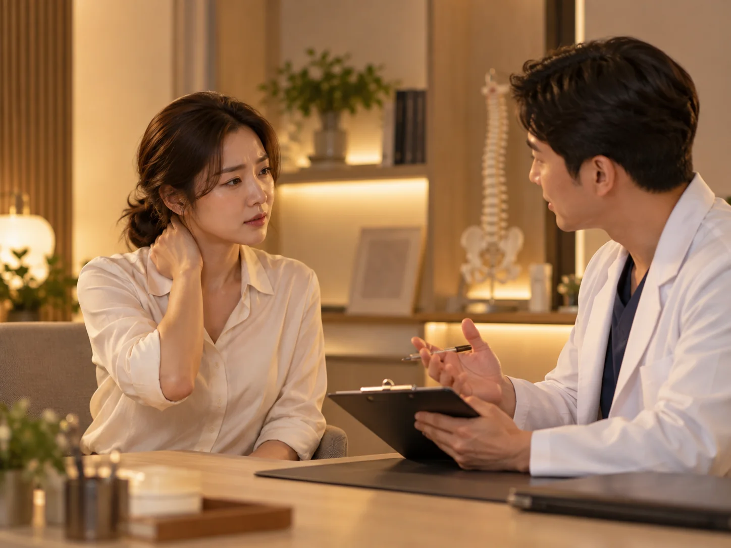 사고 후 무릎과 발목의 불편한 동작을 설명하는 상담 장면
