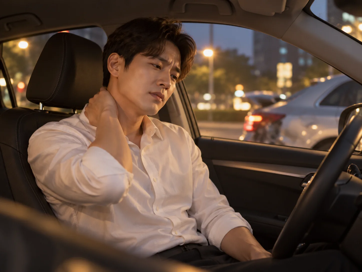 퇴근길 운전 중 목의 불편함을 느끼는 운전자