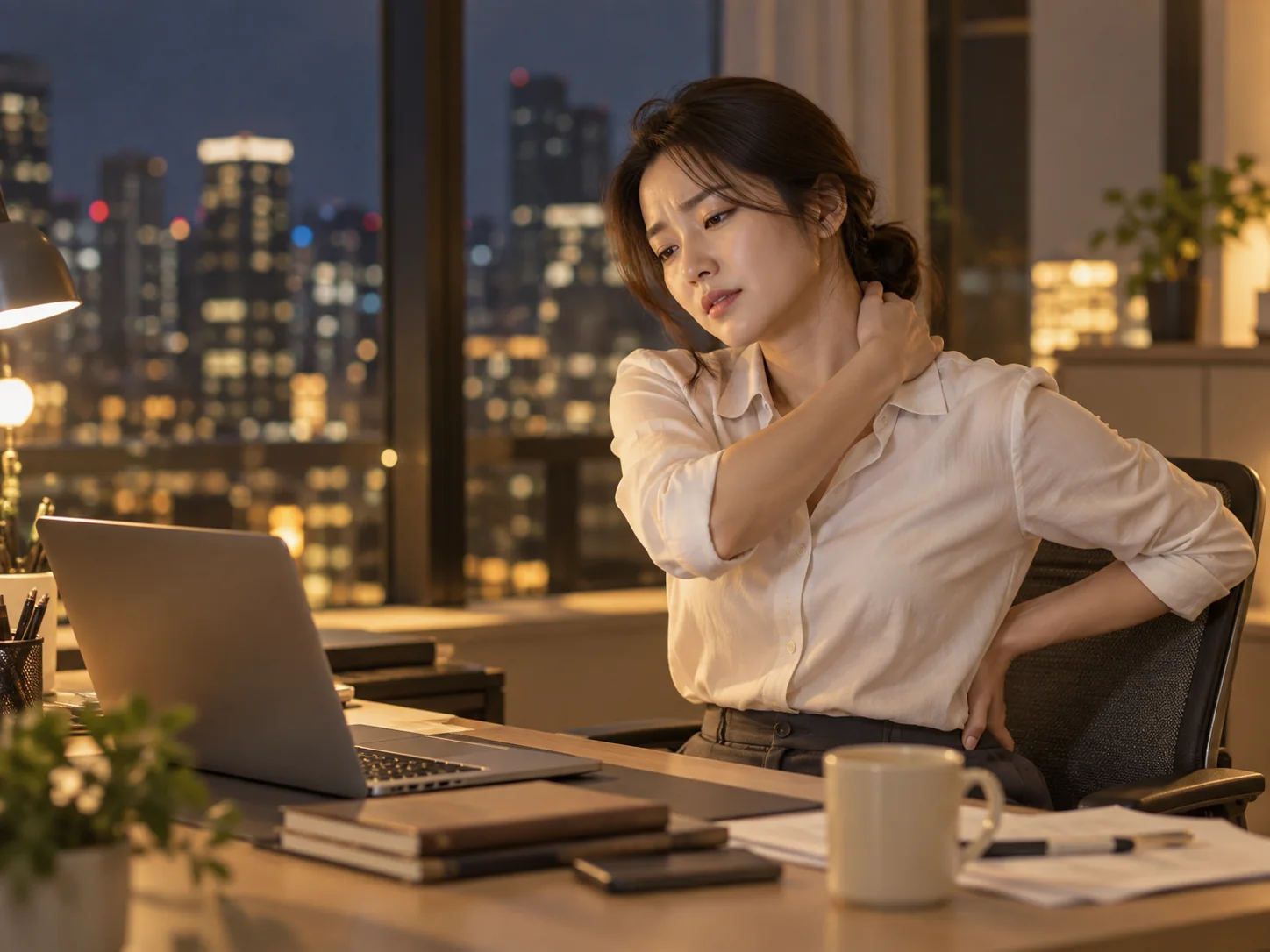 퇴근 무렵 사무실에서 목과 허리의 뻐근함을 느끼는 직장인